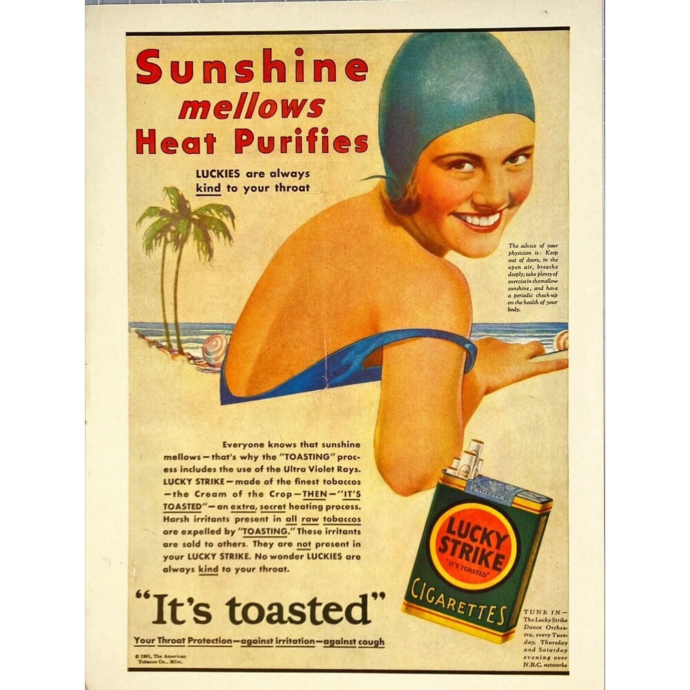 Lucky Strike Cigarettes *Sunshine Mellows, Heat Purifies-Beach Vtg Print Ad 1931